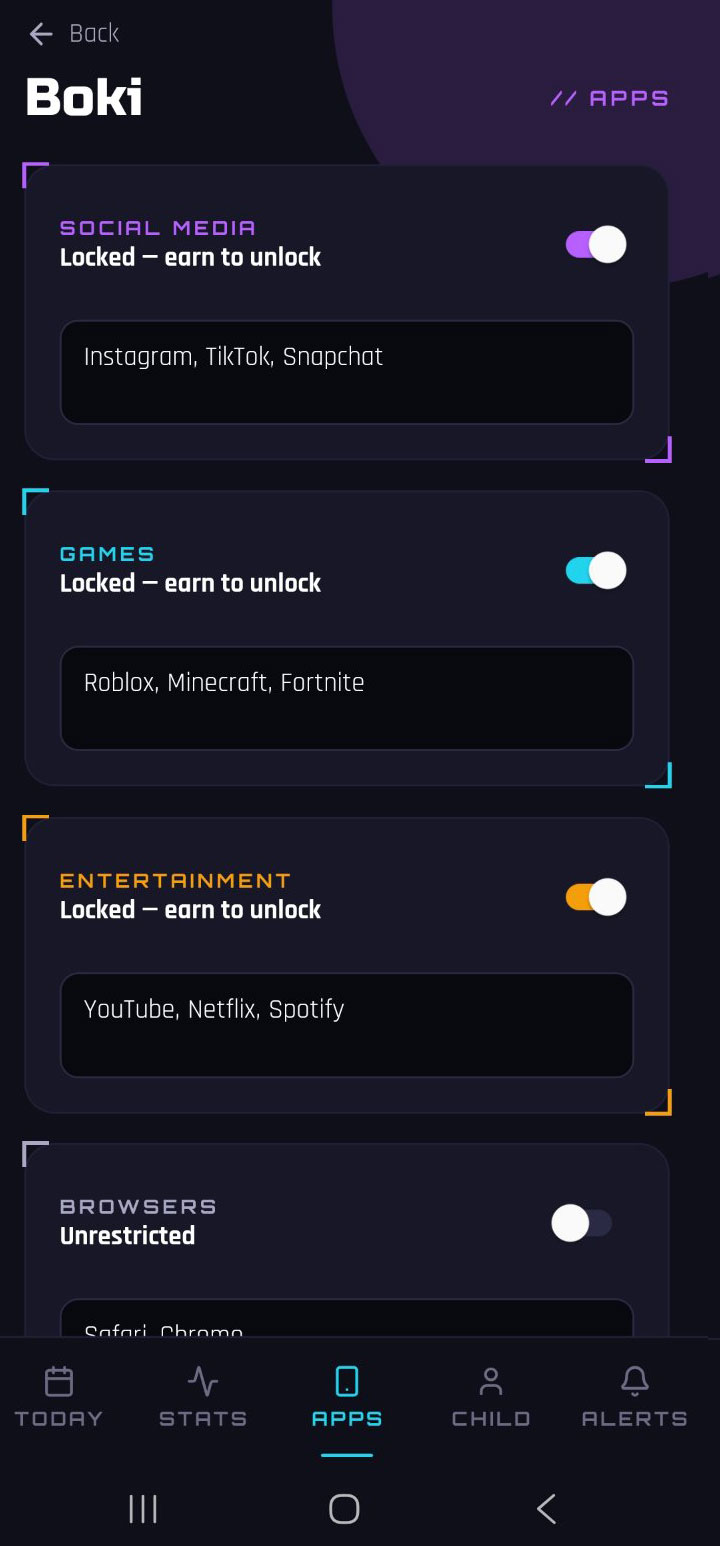 Pump a Jump Parent Mode — Apps screen