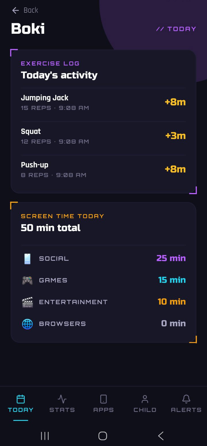 Pump a Jump Parent Mode — Exercise log screen