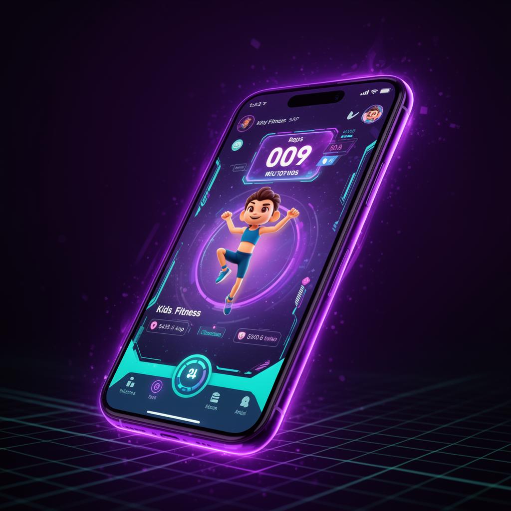 Pump a Jump app on a phone with a kid mascot exercising and a HUD-style rep counter