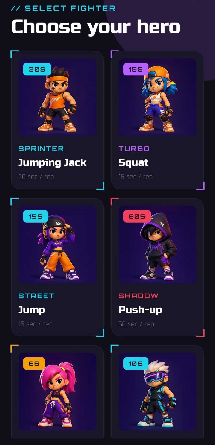 Pump a Jump kids zone — Choose your hero exercise selection screen
