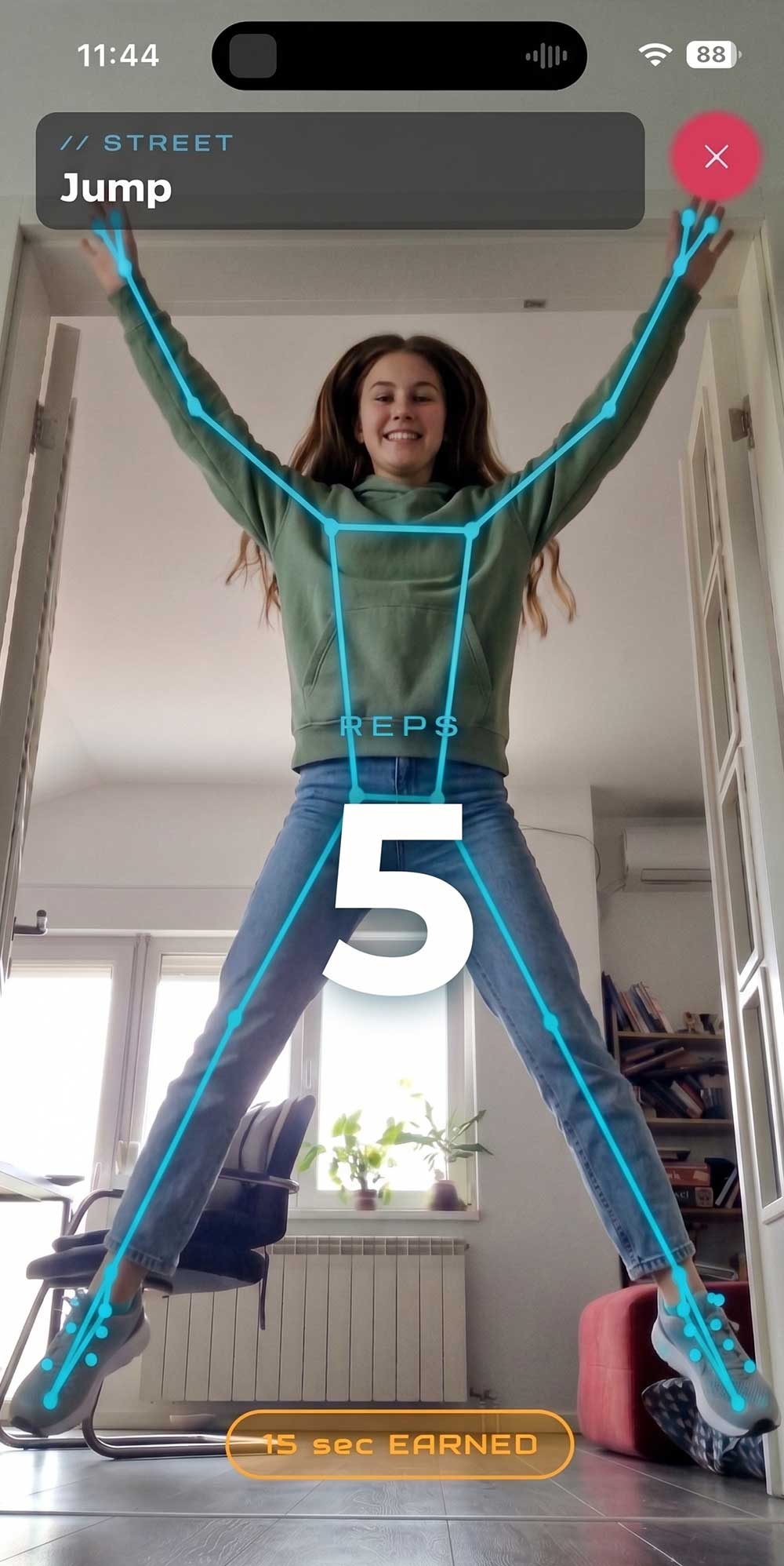 Pump a Jump live pose detection counting jump reps with HUD overlay